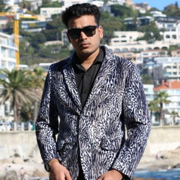 Smart Tailor's Snow Leopard print velvet blazer, front view, showcasing monochromatic pattern and slim fit.